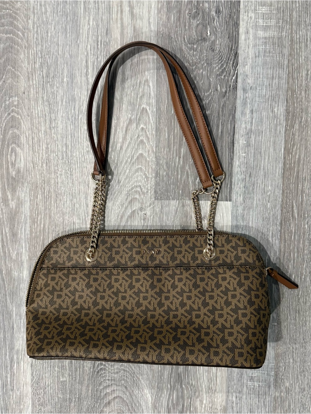 DKNYC Brown Monogram Dome Shoulder Bag with Chain Straps